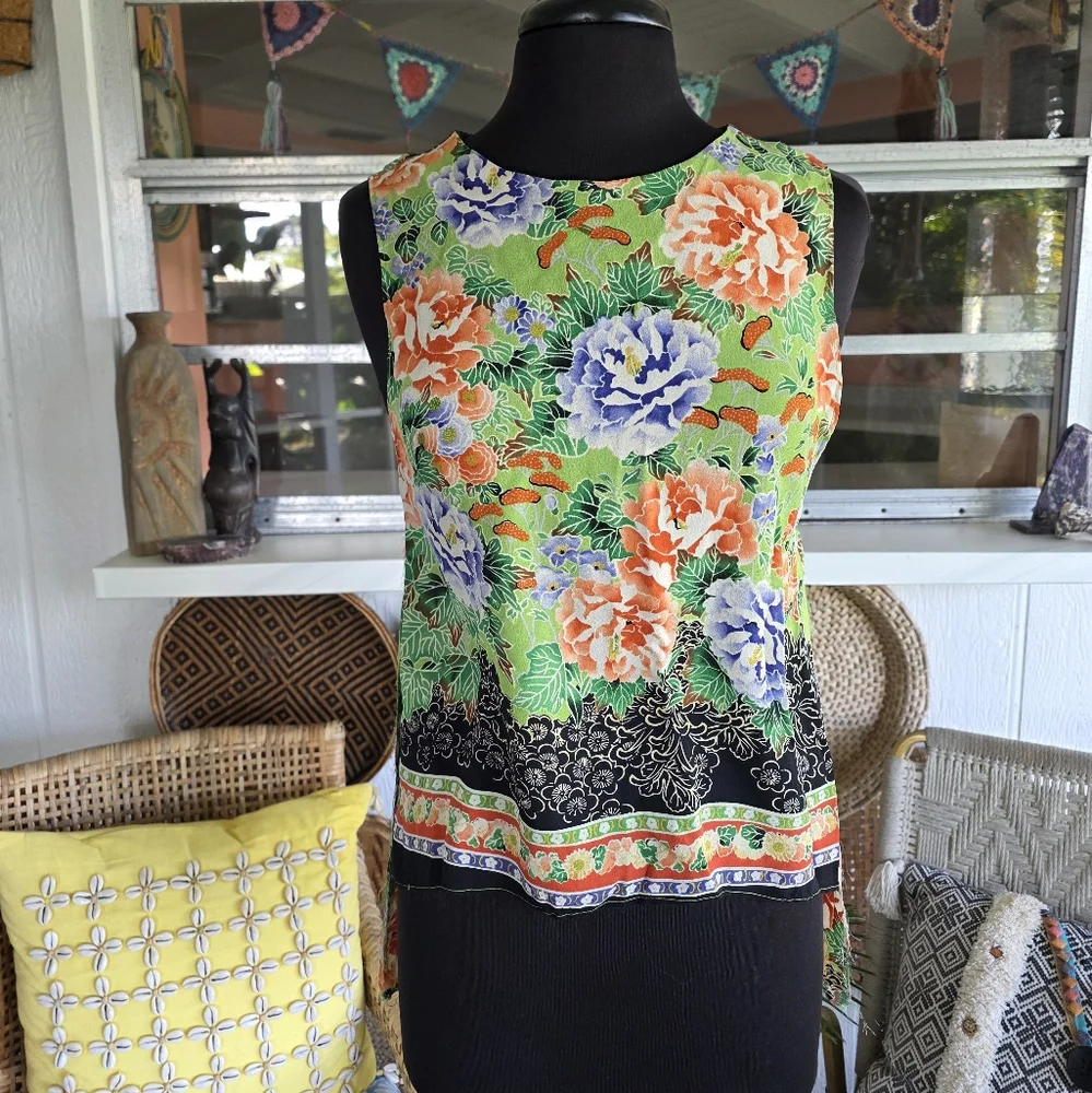 Reformation OS Sheer Hi-lo Tank Top Resortwear Green Orange Floral Bohochic